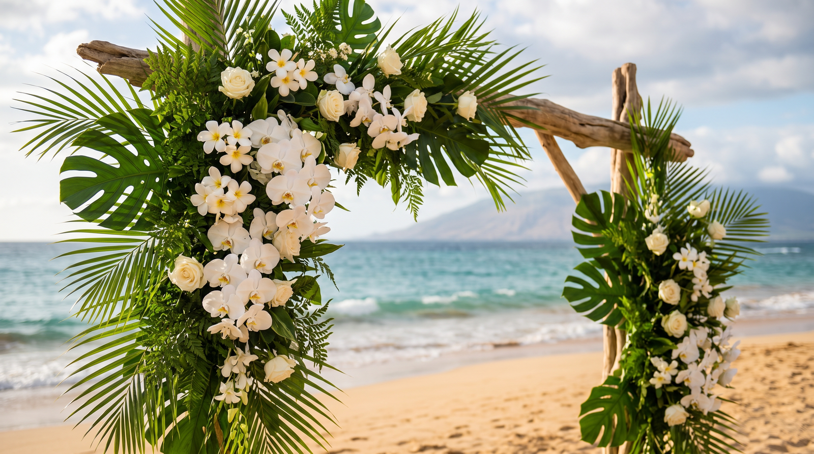 Pareja recién casada caminando por una playa de Puerto Vallarta al atardecer