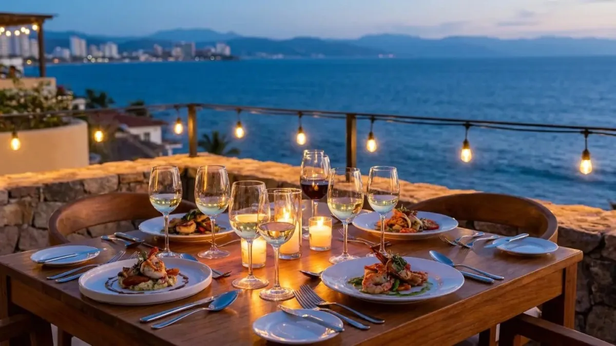 Mesa de cena privada montada en una terraza con luces cálidas, copas de vino y vista nocturna a la bahía de Puerto Vallarta
