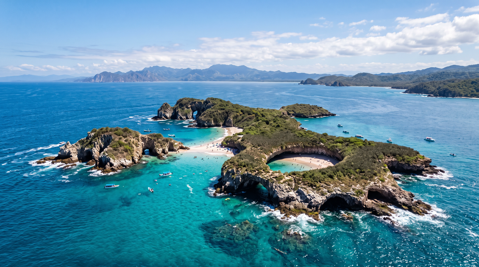 Nadadores entrando al túnel de roca que lleva a Playa del Amor en las Islas Marietas