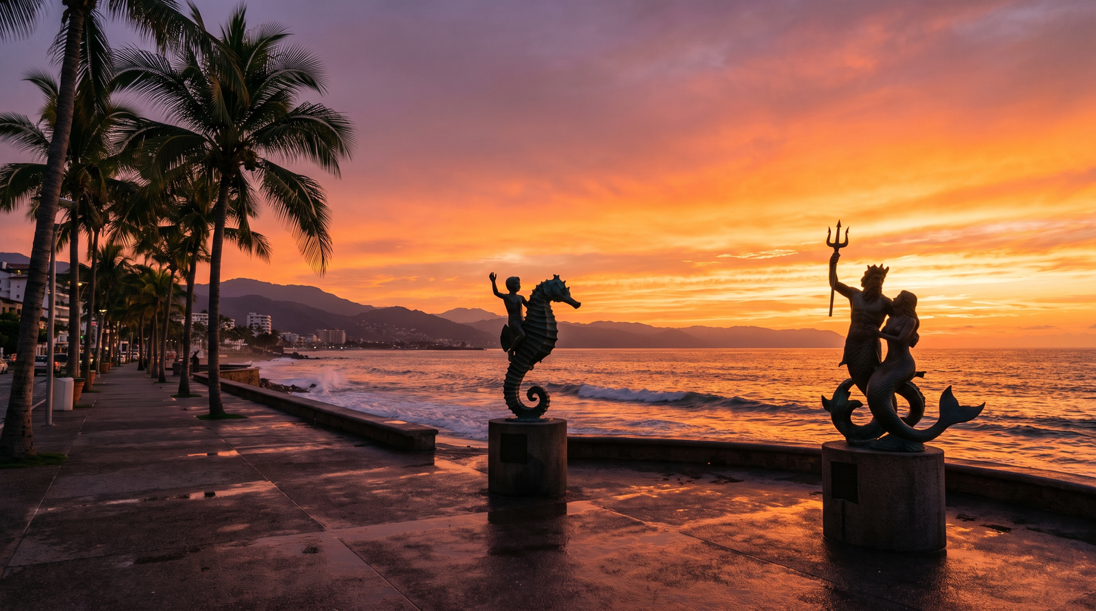 Pareja caminando por el Malecón de Puerto Vallarta al atardecer