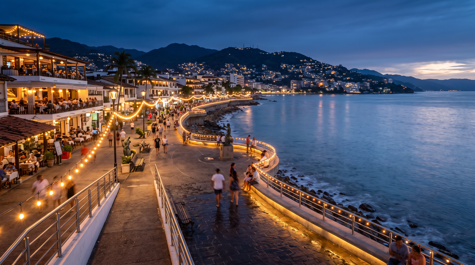 Malecón de Puerto Vallarta al atardecer, punto de partida del camión urbano