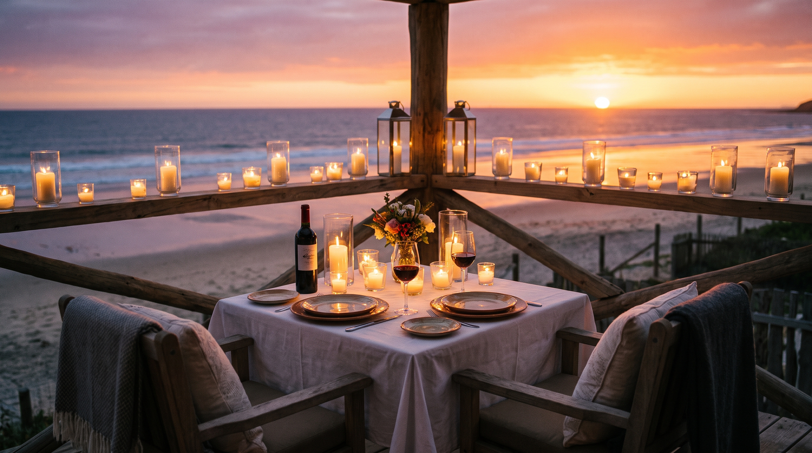 Terraza de restaurante con musico en vivo iluminada al atardecer en Puerto Vallarta